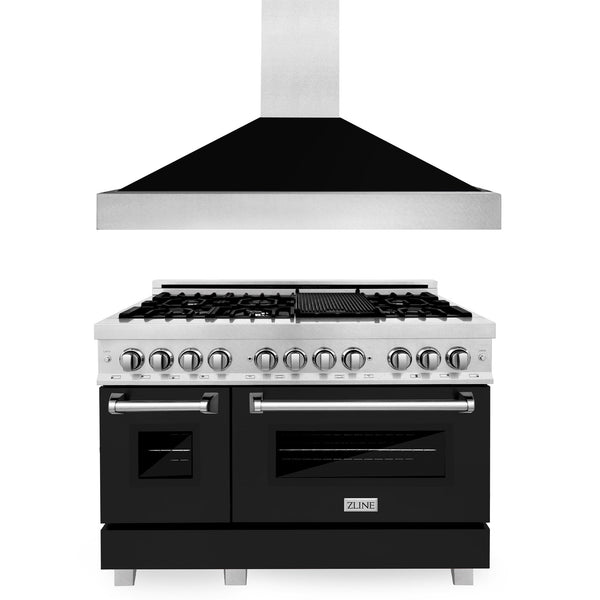 ZLINE 48 in. Kitchen Package with DuraSnow Stainless Steel Dual Fuel Range with Black Matte Door and Convertible Vent Range Hood (2KP-RASBLMRH48)