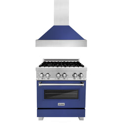 ZLINE 30 in. Kitchen Package with DuraSnow Stainless Steel Dual Fuel Range with Blue Matte Door and Convertible Vent Range Hood (2KP-RASBMRH30)