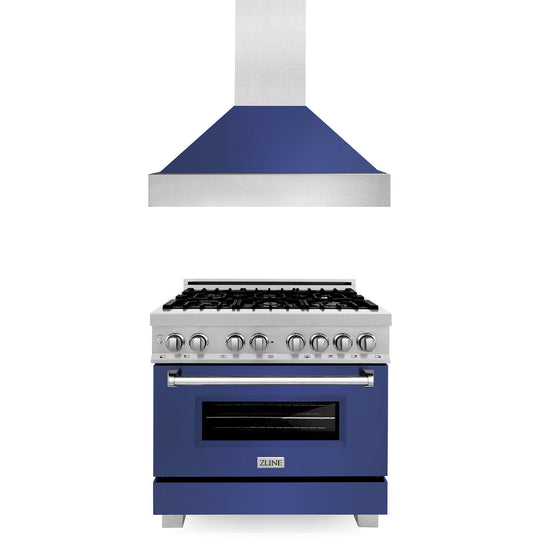 ZLINE 36 in. Kitchen Package with Satin Stainless Steel Dual Fuel Range with Blue Matte Door and Convertible Vent Range Hood