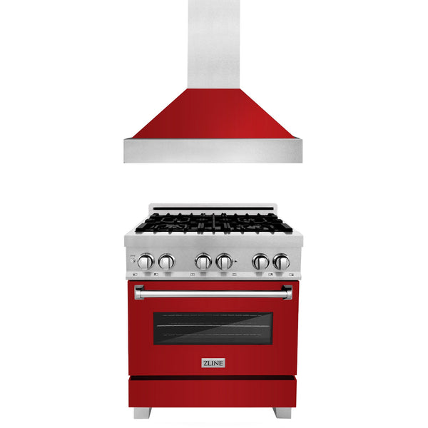 ZLINE 30 in. Kitchen Package with DuraSnow Stainless Steel Dual Fuel Range with Red Gloss Door and Convertible Vent Range Hood (2KP-RASRGRH30)