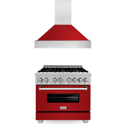 ZLINE 36 in. Kitchen Package with DuraSnow Stainless Steel Dual Fuel Range with Red Gloss Door and Convertible Vent Range Hood (2KP-RASRGRH36)