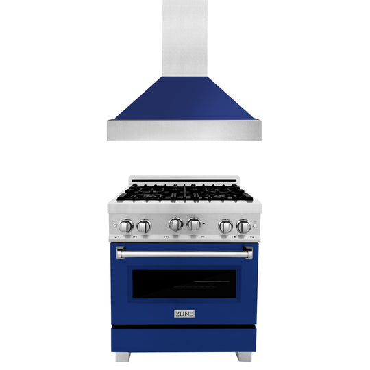 ZLINE 30 in. Kitchen Package with Satin Stainless Steel Gas Range with Blue Gloss Door and Convertible Vent Range Hood (2KP-RGSBGRH30)