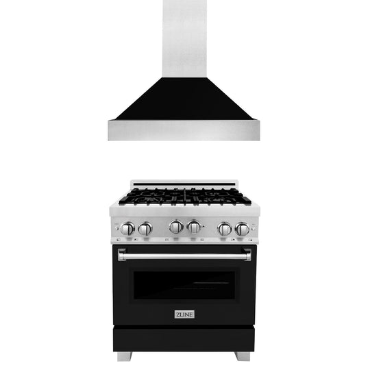 ZLINE 30 in. Kitchen Package with Satin Stainless Steel Gas Range with Black Matte Door and Convertible Vent Range Hood (2KP-RGSBLMRH30)