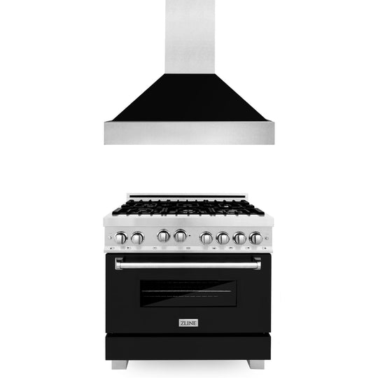 ZLINE 36 in. Kitchen Package with Satin Stainless Steel Gas Range with Black Matte Door and Convertible Vent Range Hood (2KP-RGSBLMRH36)