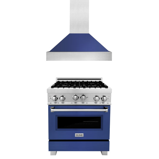 ZLINE 30 in. Kitchen Package with Satin Stainless Steel Gas Range with Blue Matte Door and Convertible Vent Range Hood (2KP-RGSBMRH30)