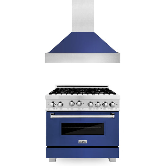 ZLINE 36 in. Kitchen Package with Satin Stainless Steel Gas Range with Blue Matte Door and Convertible Vent Range Hood (2KP-RGSBMRH36)