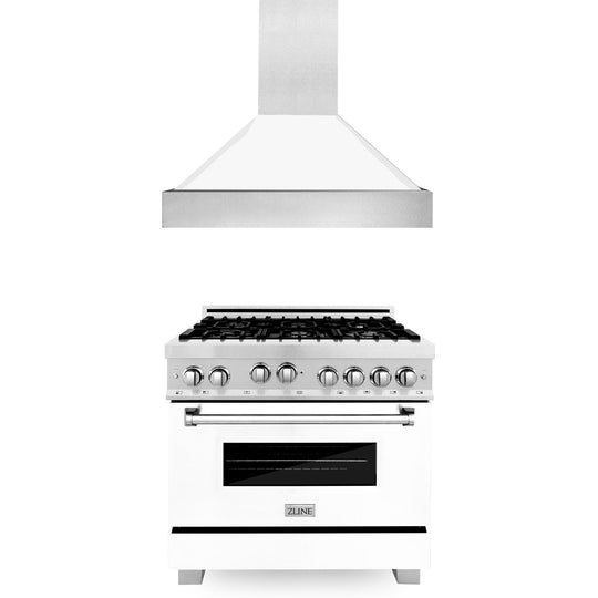 ZLINE 36 in. Kitchen Package with Satin Stainless Steel Gas Range with White Matte Door and Convertible Vent Range Hood (2KP-RGSWMRH36)