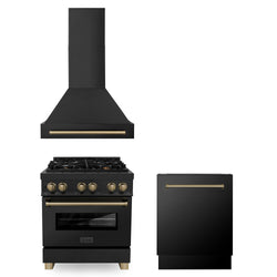 ZLINE 30" Autograph Edition Kitchen Package with Black Stainless Steel Dual Fuel Range, Range Hood and Dishwasher with Champagne Bronze Accents (3AKP-RABRHDWV30-CB)