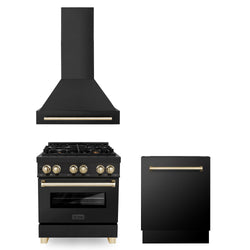 ZLINE 30" Autograph Edition Kitchen Package with Black Stainless Steel Dual Fuel Range, Range Hood and Dishwasher with Polished Gold  Accents (3AKP-RABRHDWV30-G)