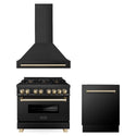 ZLINE 36" Autograph Edition Kitchen Package with Black Stainless Steel Dual Fuel Range, Range Hood and Dishwasher with Polished Gold  Accents (3AKP-RABRHDWV36-G)