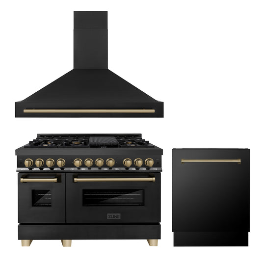 ZLINE 48" Autograph Edition Kitchen Package with Black Stainless Steel Dual Fuel Range, Range Hood and Dishwasher with Champagne Bronze Accents (3AKP-RABRHDWV48-CB)