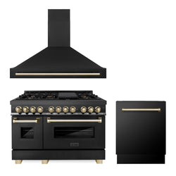 ZLINE 48" Autograph Edition Kitchen Package with Black Stainless Steel Dual Fuel Range, Range Hood and Dishwasher with Polished Gold  Accents (3AKP-RABRHDWV48-G)