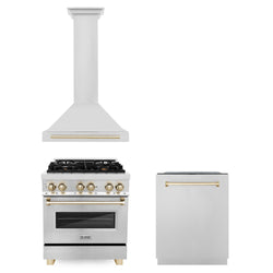ZLINE 30" Autograph Edition Kitchen Package with Stainless Steel Dual Fuel Range, Range Hood and Dishwasher with Polished Gold  Accents (3AKP-RARHDWM30-G)