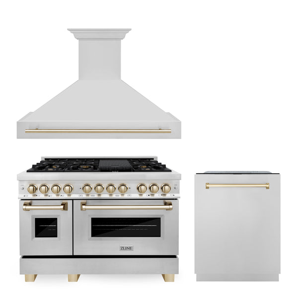 ZLINE 48" Autograph Edition Kitchen Package with Stainless Steel Dual Fuel Range, Range Hood and Dishwasher with Polished Gold  Accents (3AKP-RARHDWM48-G)