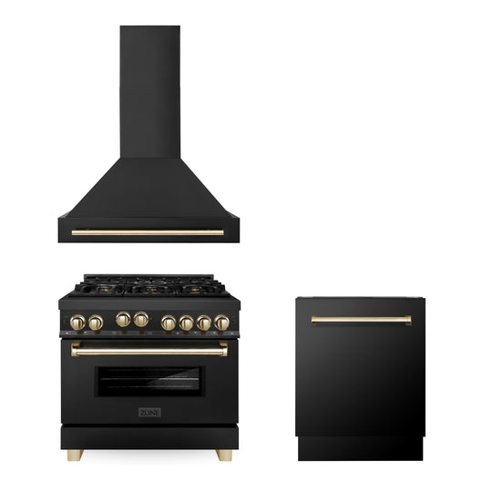 ZLINE 36" Autograph Edition Kitchen Package with Black Stainless Steel Gas Range, Range Hood and Dishwasher with Polished Gold  Accents (3AKP-RGBRHDWV36-G)