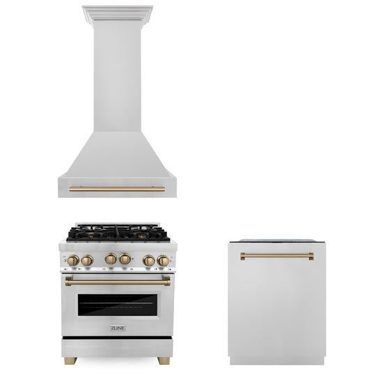 ZLINE 30" Autograph Edition Kitchen Package with Stainless Steel Gas Range, Range Hood and Dishwasher with Champagne Bronze Accents (3AKP-RGRHDWM30-CB)
