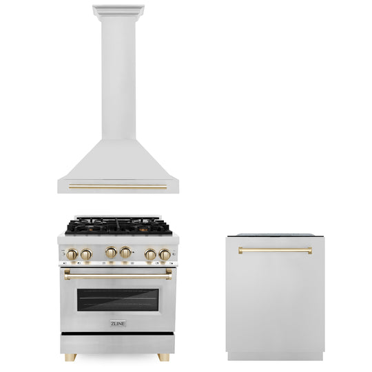 ZLINE 30" Autograph Edition Kitchen Package with Stainless Steel Gas Range, Range Hood and Dishwasher with Polished Gold  Accents (3AKP-RGRHDWM30-G)