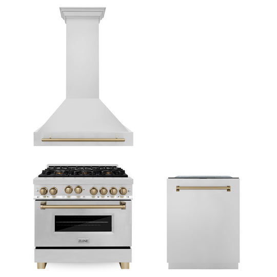 ZLINE 36" Autograph Edition Kitchen Package with Stainless Steel Gas Range, Range Hood and Dishwasher with Champagne Bronze Accents (3AKP-RGRHDWM36-CB)