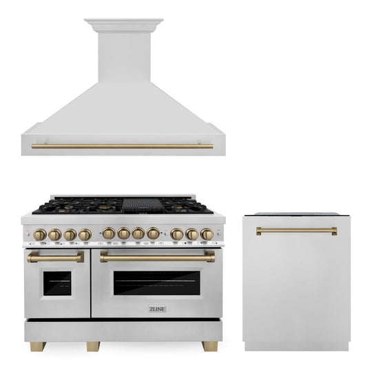 ZLINE 48" Autograph Edition Kitchen Package with Stainless Steel Gas Range, Range Hood and Dishwasher with Champagne Bronze Accents (3AKPR-RGRH48-CB)