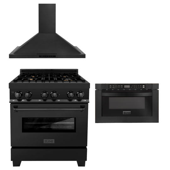 ZLINE 30 in. Kitchen Package with Black Stainless Steel Dual Fuel Range, Convertible Vent Range Hood and Microwave Drawer (3KP-RABRH30-MW)