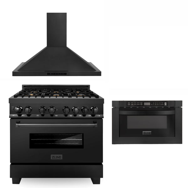 ZLINE 36 in. Kitchen Package with Black Stainless Steel Dual Fuel Range, Convertible Vent Range Hood and Microwave Drawer (3KP-RABRH36-MW)