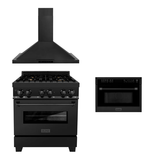 ZLINE 30" Kitchen Package with Black Stainless Steel Dual Fuel Range, Convertible Vent Range Hood and 24" Microwave Oven (3KP-RABRHMWO-30)