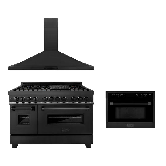 ZLINE 48" Kitchen Package with Black Stainless Steel Dual Fuel Range, Convertible Vent Range Hood and 24" Microwave Oven (3KP-RABRHMWO-48)