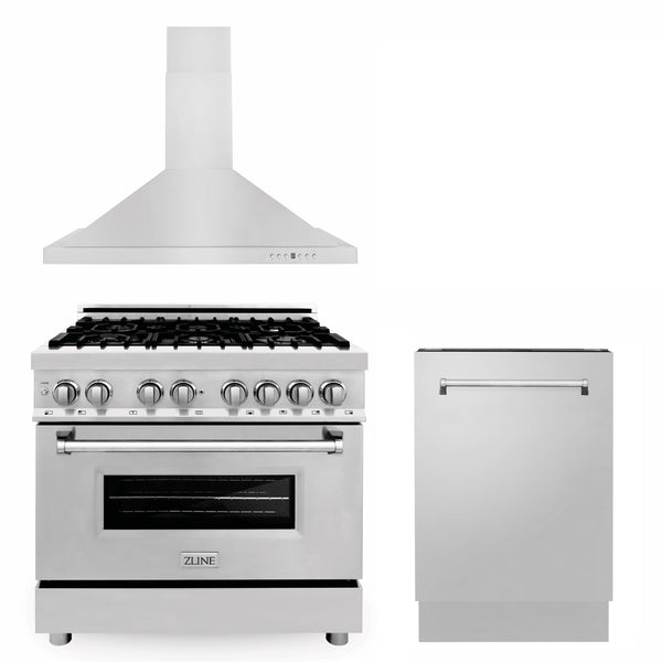 ZLINE 36 in. Kitchen Package with Stainless Steel Dual Fuel Range, Convertible Vent Range Hood and Tall Tub Dishwasher (3KP-RARH36-DWV)