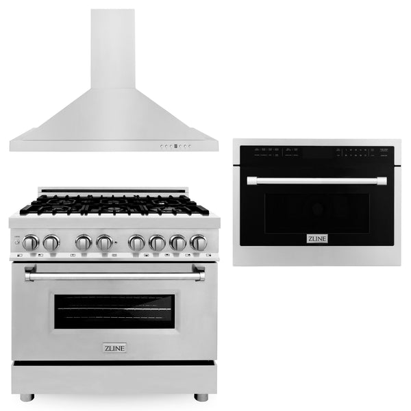 ZLINE 36" Kitchen Package with Stainless Steel Dual Fuel Range, Convertible Vent Range Hood and 24" Microwave Oven (3KP-RARHMWO-36)