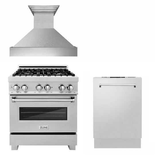 ZLINE 30 in. Kitchen Package with Satin Stainless Dual Fuel Range, Ducted Vent Range Hood and Dishwasher