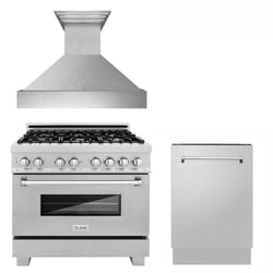 ZLINE 36 in. Kitchen Package with DuraSnow Stainless Dual Fuel Range, Ducted Vent Range Hood and Tall Tub Dishwasher (3KP-RASRH36-DWV)