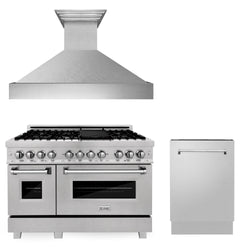 ZLINE 48 in. Kitchen Package with DuraSnow Stainless Dual Fuel Range, Ducted Vent Range Hood and Tall Tub Dishwasher (3KP-RASRH48-DWV)