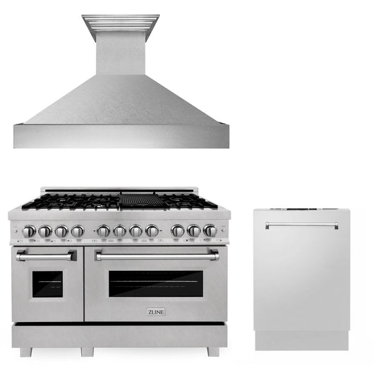 ZLINE 48 in. Kitchen Package with Satin Stainless Dual Fuel Range, Ducted Vent Range Hood and Dishwasher