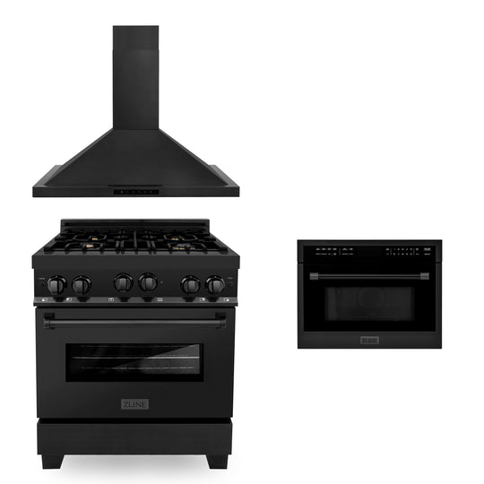 ZLINE 30" Kitchen Package with Black Stainless Steel Gas Range, Convertible Vent Range Hood and 24" Microwave Oven (3KP-RGBRHMWO-30)
