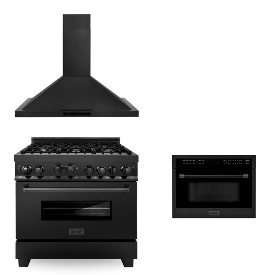 ZLINE 36" Kitchen Package with Black Stainless Steel Gas Range, Convertible Vent Range Hood and 24" Microwave Oven (3KP-RGBRHMWO-36)