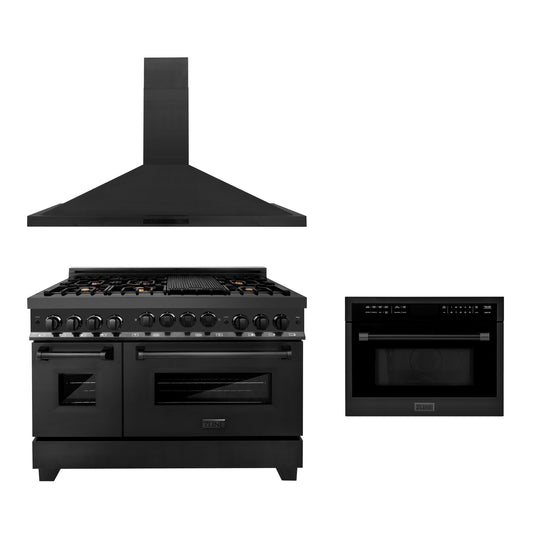 ZLINE 48" Kitchen Package with Black Stainless Steel Gas Range, Convertible Vent Range Hood and 24" Microwave Oven (3KP-RGBRHMWO-48)
