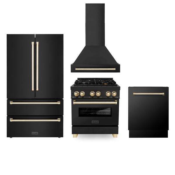 ZLINE 30" Autograph Edition Kitchen Package with Black Stainless Steel Dual Fuel Range, Range Hood, Dishwasher and Refrigeration with Polished Gold  Accents (4AKPR-RABRHDWV30-G)