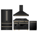 ZLINE 48" Autograph Edition Kitchen Package with Black Stainless Steel Dual Fuel Range, Range Hood, Dishwasher and Refrigeration with Polished Gold  Accents (4AKPR-RABRHDWV48-G)