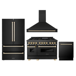 ZLINE 48" Autograph Edition Kitchen Package with Black Stainless Steel Dual Fuel Range, Range Hood, Dishwasher and Refrigeration with Polished Gold  Accents (4AKPR-RABRHDWV48-G)