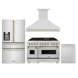 ZLINE 48" Autograph Edition Kitchen Package with Stainless Steel Dual Fuel Range, Range Hood, Dishwasher and Refrigeration with Polished Gold  Accents (4AKPR-RARHDWM48-G)