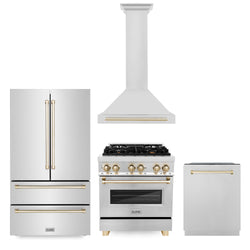 ZLINE 30" Autograph Edition Kitchen Package with Stainless Steel Dual Fuel Range, Range Hood, Dishwasher and Refrigeration with Polished Gold  Accents (4KAPR-RARHDWM30-G)