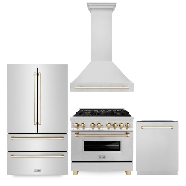 ZLINE 36" Autograph Edition Kitchen Package with Stainless Steel Dual Fuel Range, Range Hood, Dishwasher and Refrigeration with Polished Gold  Accents (4KAPR-RARHDWM36-G)