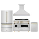 ZLINE 48" Autograph Edition Kitchen Package with Stainless Steel Dual Fuel Range, Range Hood, Dishwasher and Refrigeration with Polished Gold  Accents (4KAPR-RARHDWM48-G)