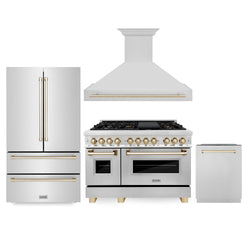 ZLINE 48" Autograph Edition Kitchen Package with Stainless Steel Dual Fuel Range, Range Hood, Dishwasher and Refrigeration with Polished Gold  Accents (4KAPR-RARHDWM48-G)