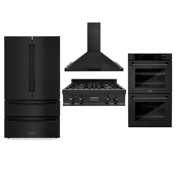 ZLINE Kitchen Package with Black Stainless Steel Refrigeration, 30" Rangetop, 30" Range Hood and 30" Double Wall Oven