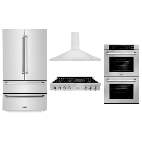 ZLINE Kitchen Package with Refrigeration, 48 in. Stainless Steel Rangetop, 48 in. Range Hood and 30 in. Double Wall Oven (4KPR-RTRH48-AWD)