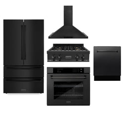 ZLINE Kitchen Package with Black Stainless Steel Refrigeration, 30" Rangetop, 30" Range Hood, 30" Single Wall Oven, and 24" Tall Tub Dishwasher