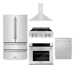 ZLINE Kitchen Package with Refrigeration, 30" Stainless Steel Gas Rangetop, 30" Convertible Vent Range Hood, 30" Single Wall Oven, and 24" Tall Tub Dishwasher (5KPR-RTRH30-AWSDWV)