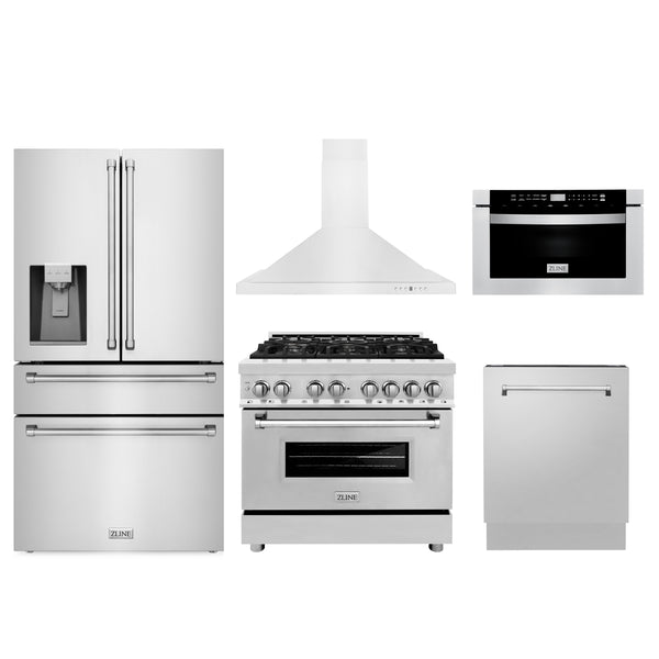 ZLINE Kitchen Package with Water and Ice Dispenser Refrigerator, 36" Dual Fuel Range, 36" Range Hood, Microwave Drawer, and 24" Tall Tub Dishwasher (5KPRW-RARH36-MWDWV)
