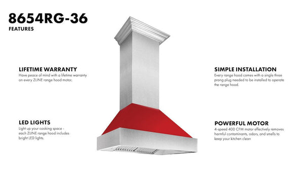 ZLINE Ducted DuraSnow Stainless Steel Range Hood with Red Gloss Shell (8654RG)